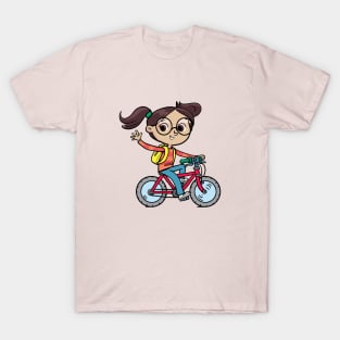 cheerful girl rides a bicycle and waves T-Shirt